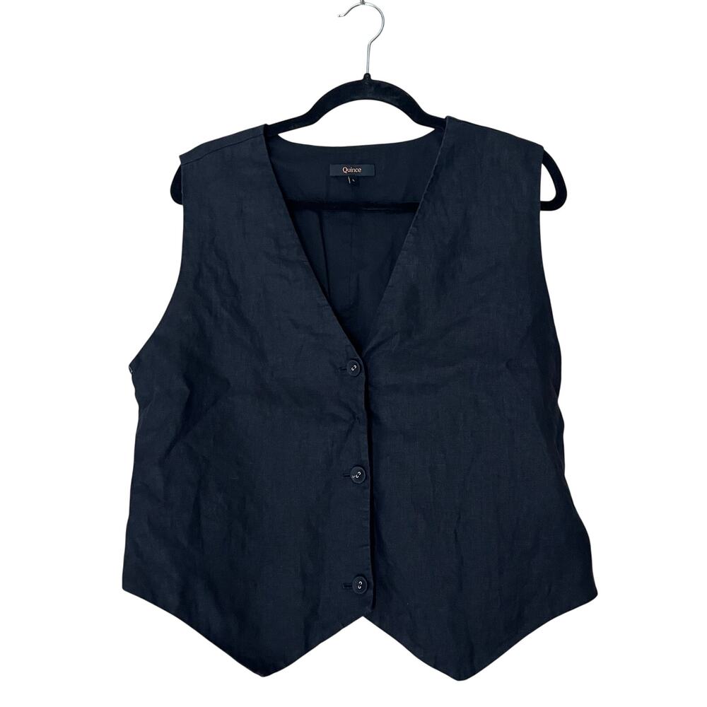 Quince Linen Tailored Vest Sleeveless Large Black Button Front V Neck